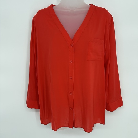 Alice + Olivia Tops - Alice + Olivia Sz L Red Silk Roll Tab Sleeve V Neck Classic Blouse Career Office